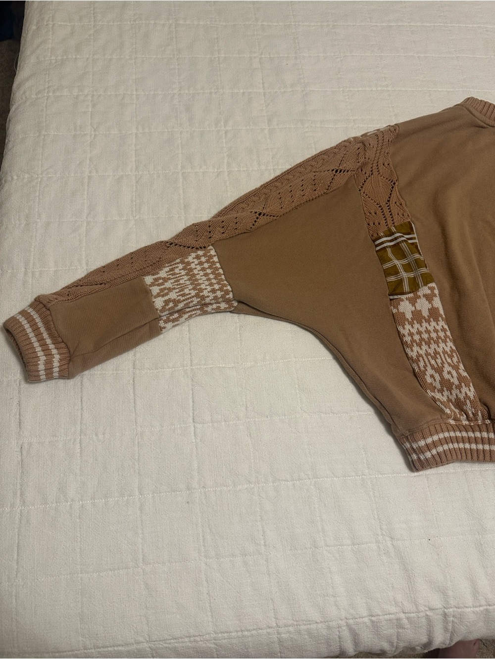 Pilcro Camel Pullover with Patterned Cable Knit and Patchwork Sleeves, XL - Picture 4 of 6
